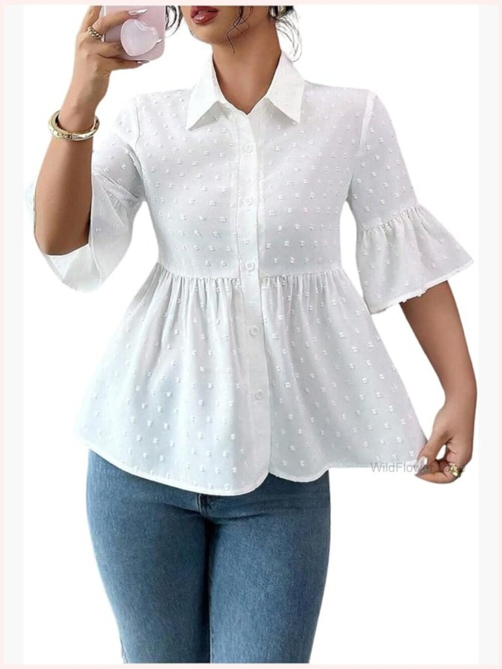 Swiss Dot Ruffle Peplum Button Down Blouse Flowy Work Top